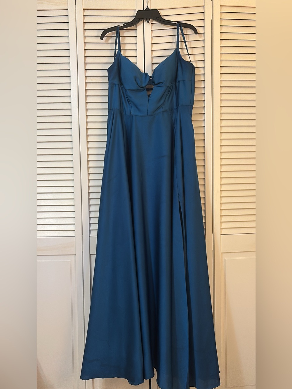 B Darlin Teal Satin Spaghetti Strap Evening Gown